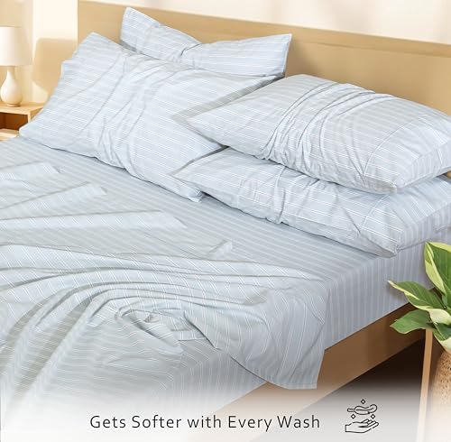 RUVANTI 100% Cotton Queen Sheets, Percale Queen Sheet Set, Horizon Stripes