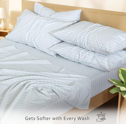 RUVANTI 100% Cotton Queen Sheets, Percale Queen Sheet Set, Horizon Stripes