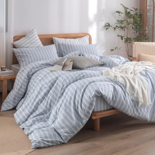 BESTOUCH Striped Cotton Duvet Cover Set Linen Feel California King
