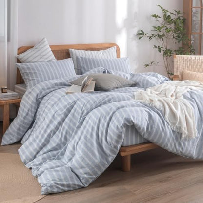 BESTOUCH Striped Cotton Duvet Cover Set Linen Feel California King