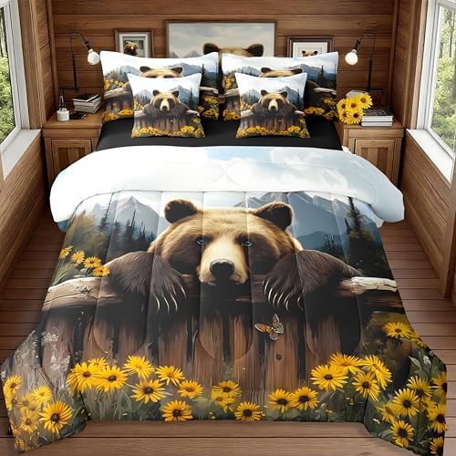 Erosebridal 7 Pcs Bear Comforter Set Woodland Rustic Cabin Bed in A Bag for Kids Boys Girls Nature Wild Animal Bedding Sets Twin Forest Hunting Country Sheet Set with Comforter Jungle Floral Decor