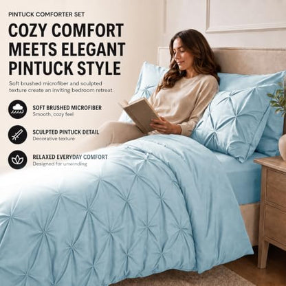 HIMEET Queen Comforter Set Light Blue - 7 Pieces Pintuck Bed in a Bag