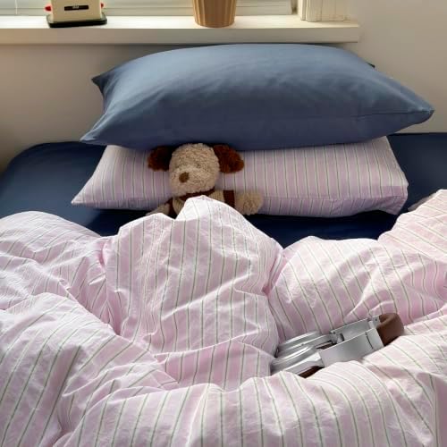 mixinni Pink White Striped Duvet Cover Twin Size, 3-Piece Washed Microfiber Vintage Striped Bedding Set, Soft Aesthetic Stripe Pattern Duvet Cover with Zipper Closure & Corner Ties for Women Girls