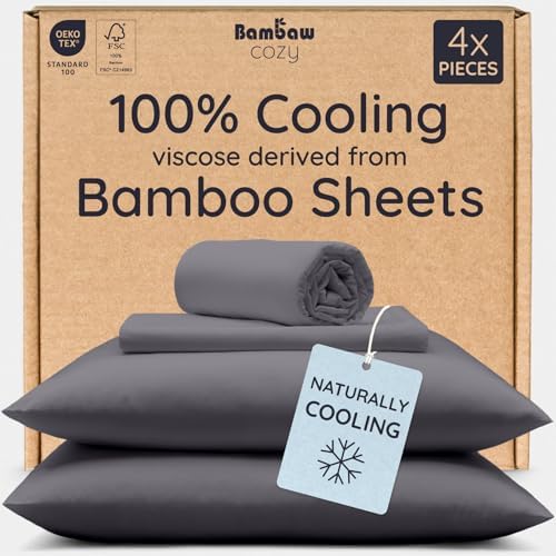 Bambaw 100% Viscose Derived from Bamboo Sheets Queen Size Set – 4pcs Cooling Sheet Set, Super Soft Sheets Queen Size, Luxury Bed Sheets, Deep Pocket Fits Up to 16'' Mattresses (Charcoal)