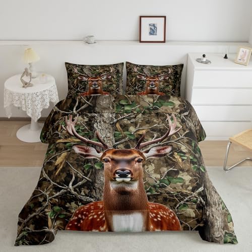 Feelyou Camo Deer Comforter Set Full Size Deer Antlers Army Camouflage Bedding Set Boys Girls Wild Animal Hunting Comforter Set Forest Branches Duvet Insert Bed Set 3Pcs