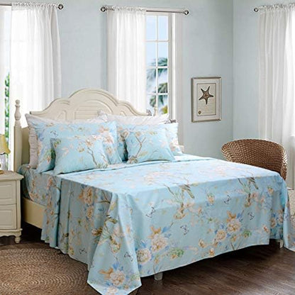 FADFAY Floral Bedding Shabby Blue Bird Print Bed Sheet Set Luxury Bedding Collections 800 Thread Count 100% Egyptian Cotton Deep Pocket, 4 Piece-California King Size