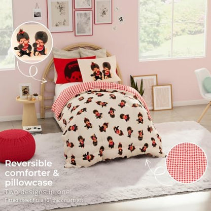 Monchhichi Bedding 5 Piece Twin Bed Set, Soft Cozy Nostalgia Reversible Comforter and Sheet Set with Sham, Officially Licensed Product By Franco