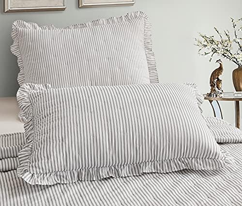 CHIXIN Ticking Stripe Ruffle Skirt Bedspread Full Size - 30" Long Drop, Shabby Chic Style, Lightweight Bedding Cover, 3 Piece Set, Light Grey