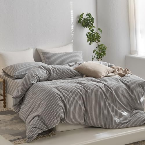 MooMee Striped Duvet Cover Set 100% Washed Cotton Linen Like King