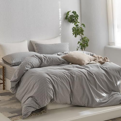 MooMee Striped Duvet Cover Set 100% Washed Cotton Linen Like King
