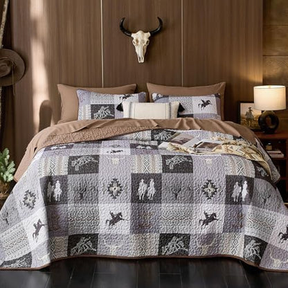 Wake In Cloud - Western Quilt Set, Southwestern Aztec Country Horse Cowboy Rustic Ranch Pattern Printed, Reversible Lightweight Bedspread Coverlet, 3 Pieces, Gray Brown, Twin/Twin XL Size
