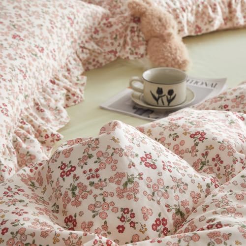 Pink Flower Duvet Cover Set Twin XL 100% Cotton Cute Floral Duvet Cover with Ruffle Pillowcases Girls Cottagecore Bedding Set Aesthetic Garden Style Flower Blooming Comforter Cover with Zipper Closure