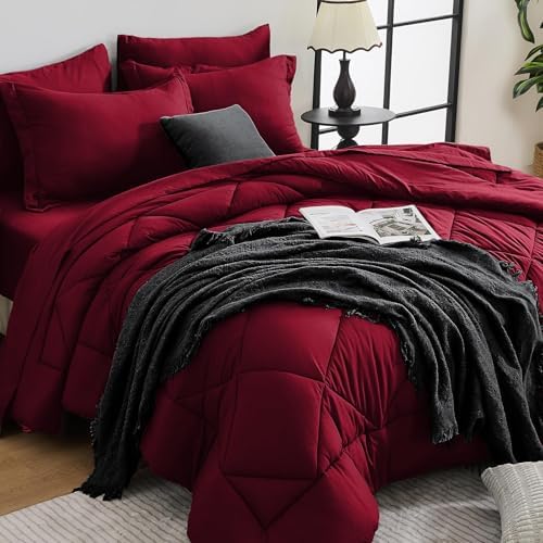 HEVUMYI 7-Piece California King Comforter Set, Red Bed in a Bag