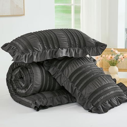 WONGS BEDDING Queen Comforter Set,Dark Grey Boho Comforter Set Queen,Shabby Chic Bedding Set for Bed, 3 Pieces Soft Lightweight Farmhouse Comforter for All Season 90"×90"