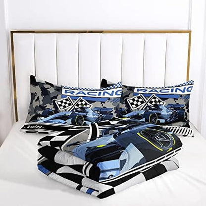 AILONEN Racing Car Comforter Set Twin Size, Racing Plaid Patterns with Cool Speed Race Car Bedding Set for Kids Boys Girls Teens Bedroom,3 Pieces,1 Quilt and 2 Pillowcases,Soft,Breathable
