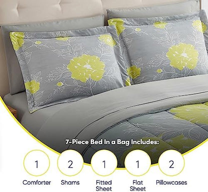 Sweet Home Collection 7 Piece Comforter Set Bag Solid Color All Season Soft Down Alternative Blanket & Luxurious Microfiber Bed Sheets, Florence, Full
