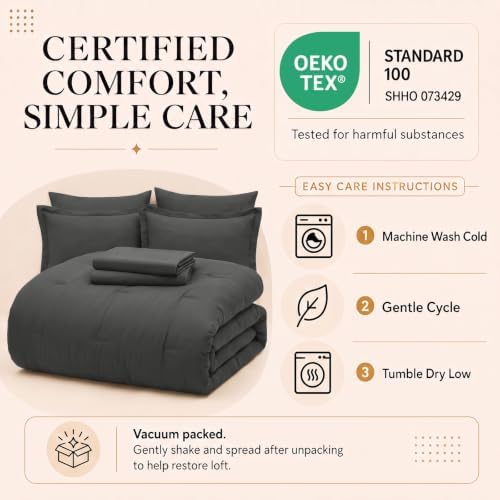CozyLux Queen Comforter Set Dark Grey, 7 Pieces Bed in a Bag