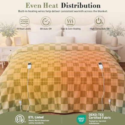 Electric Blanket Heated King Size, 90"X100" Dual Control, Sage Green