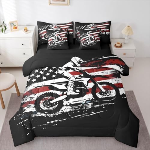 Feelyou Dirt Bike Comforter Set with Sheets 7 Piece King Size Splatter Print Bedding Set for Kids Boys Girls Off-Road Racing Bed in a Bag Outdoor Sports Room Decor Motocross Rider Soft Lightweight