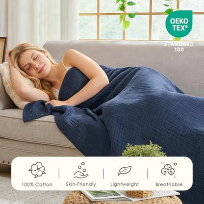 EMME Muslin Blankets for Adults Throw Blanket for Couch Breathable Gauze Soft Lightweight Airy Navy Super King 120" x 94"
