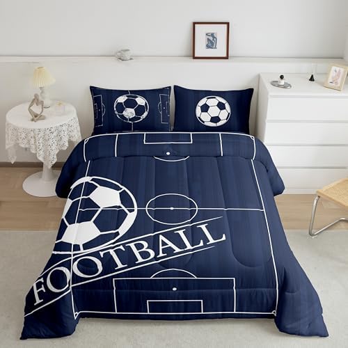 Erosebridal Boys Football King Comforter Set for Kids Child Sports Theme Bedding Set, Ball Gamer Bedding Comforter Sets Navy Blue Reversible Duvet Set, Football Field Quilted Comforter