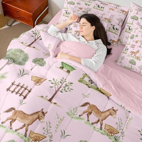 Erosebridal Farm Animal King 7 Pcs Bedding Set Rustic Farmhouse Comforter Set for Boys Girls Pink Cartoon Animal Comforter Kids Cute Horse Sheep Cow Pig Quilt Woodland Trees Sheets Western Room Decor