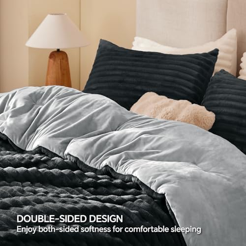BEDELITE Fleece Queen Comforter Set, Fluffy Bed Set, Black