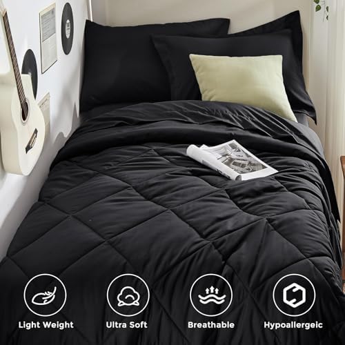HEVUMYI 5-Piece Twin Comforter Set, Black Bed in a Bag