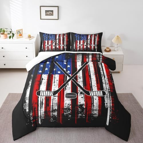 Manfei Ice Hockey Comforter Set Full Size, American Flag Print Bedding Set 3pcs for Kids Boys Teens Room Decor, Hockey Sports Gaming Theme Down Comforter with 2 Pillowcases, No Sheets