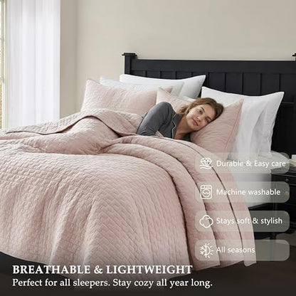 palassio Pink 100% Cotton Quilt King Size Bedding Sets with 2 Pillow Shams, Textured Lightweight Soft Bedspread Shabby Chic Coverlet, Quilted Comforter Bed Cover for All Season, 3 Pieces
