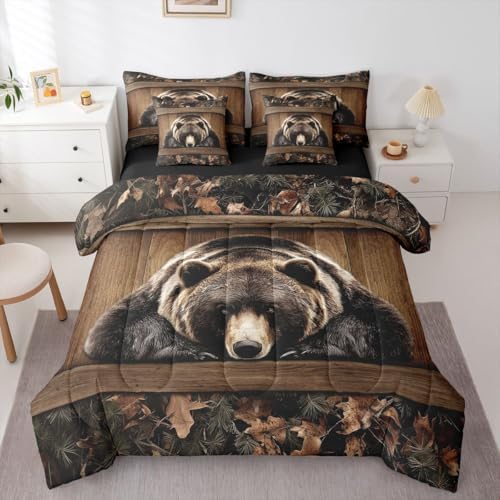 Erosebridal Grizzly Bear Full Bedding Set 7 Piece Rustic Hunting Bear Bed in A Bag with Sheets Farmhouse Cabin Comforter Set for Kids Adults,Wildlife Animal Black Brown Bed Sets
