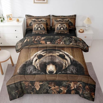 Erosebridal Grizzly Bear Full Bedding Set 7 Piece Rustic Hunting Bear Bed in A Bag with Sheets Farmhouse Cabin Comforter Set for Kids Adults,Wildlife Animal Black Brown Bed Sets
