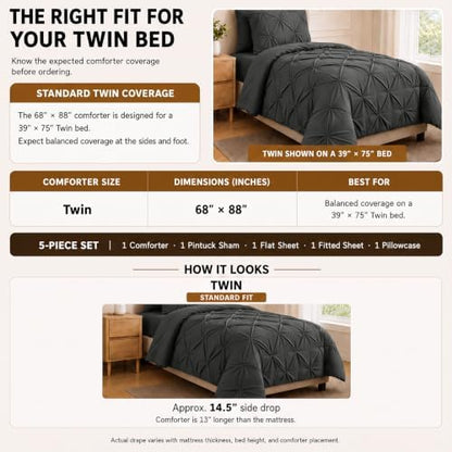 HIMEET Twin Comforter Set Dark Grey - 5 Pieces Pintuck Bed in a Bag