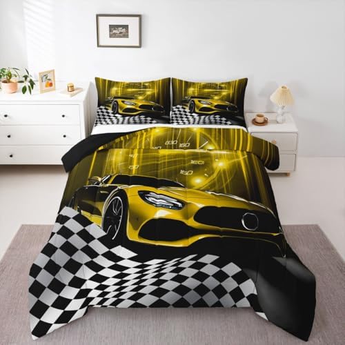 Erosebridal Yellow Race Car Queen Comforter Set for Teen Boys,Glitter Ombre Line Art Bedding Set Neon Light Sports Car Dashboard Quilt,Black and White Grid Lattice Buffalo Plaid Decor