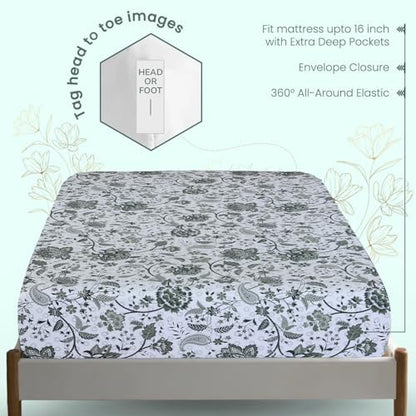 Feather & Stitch Fitted Sheet Only, 100% Cotton 300TC Lightweight Cooling & Breathable Percale Weave Fitted Sheet 16" Regular Elastic Deep Pocket Soft Bedding Mattress (King, Green Floral Paisley)