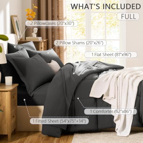 CozyLux Full Size Comforter Sets, 7-Piece Bed in a Bag, Dark Grey