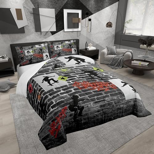Skater Boy Comforter for Boys Kids Girls Graffiti Hip Hop Comforter Set Full Size Home Decor Soft Gray Watercolor Wall Bedding Set Street Art Teens Bedroom Down Duvet,1 Comforter with 2 Pillowcase