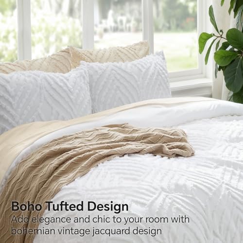 BEDELITE Boho Comforter Set Queen - Tufted Boho Bedding Set, Bright White