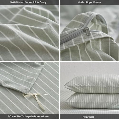 MooMee Striped Duvet Cover Set 100% Washed Cotton Linen Like Super King