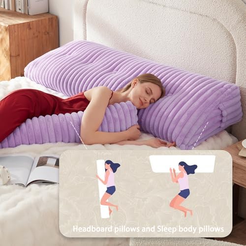 Headboard Pillow + A Long Neck Roll Pillow Body Pillow，Faux Fur Headboard Wedge Pillow with Removable Cover (Purple, Full：54x8x20 inches)