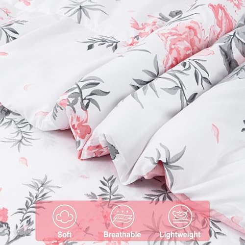 lasoftan Floral Queen Comforter Set with Sheets, 7 piece Luxury Vintage Bedding, Soft Microfiber Bed in a Bag, Cozy Lightweight Bed Set, Pink Flower Grey Leaf