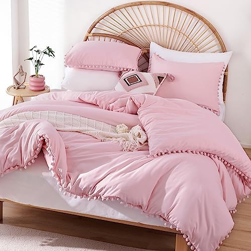 YIRDDEO King Size Comforter Set, Dust Pink Pom Fringe Bedding Set 3 Pieces