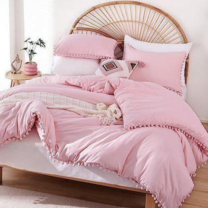 YIRDDEO King Size Comforter Set, Dust Pink Pom Fringe Bedding Set 3 Pieces
