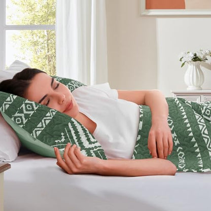 LEAONME 3 Pieces Full Queen Size Olive Green Quilt Set with Checkered Pattern Lightweight Oversized Bedspread 90''x98'' Soft Coverlet Warm Bed Cover for All Seasons (1 Quilt, 2 Pillow Shams)