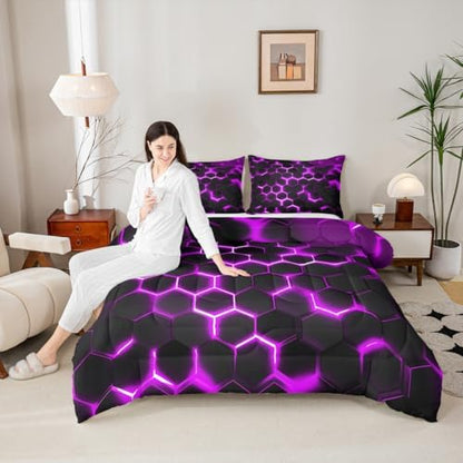 Erosebridal Purple Neon Honeycomb Bedding Set Twin Geometric Hexagon Comforter Set for Teen Boys Girls Kids,3D Morden Hexagonal Quilted Duvet Soft Lightweight Down Comforter 1 Pillow Case