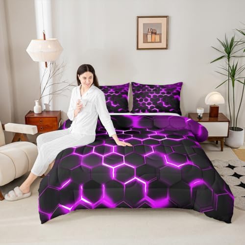 Erosebridal Purple Neon Honeycomb Bedding Set Full Geometric Hexagon Comforter Set for Teen Boys Girls Kids,3D Morden Hexagonal Quilted Duvet Soft Lightweight Down Comforter 2 Pillow Cases
