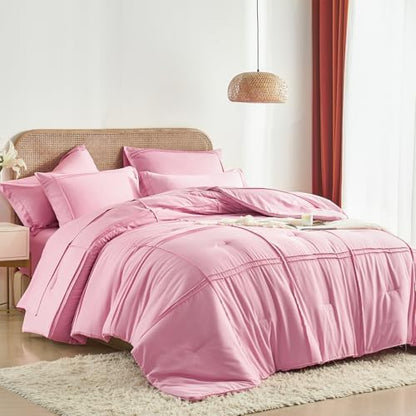 Yogeneg Queen Comforter Set 7 Piece Bed in a Bag,Grid Pinch Pleat Pink Bedding Set,Striped Textured Soft Microfiber Comforter with Sheet Set,All Season Complete Bed Set(Pink,Queen)