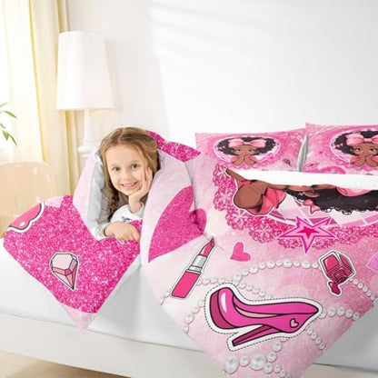Manfei Black Princess Girly Comforter Set Full Size,High-Heeled Shoes Lip Bowknot Diamond Bedding Set,Girls Women Room Decor,African American Girls Down Comforter,Pink Cute Duvet Insert,2 Pillowcases