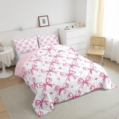 Pink Bow Girlish Kids Comforter Set Queen Size,Bowknot Love Heart Hand Paint Cute Bedding Set,Girls Women Room Decor,Princess Style Bow Tie Down Comforter,Girly Romantic Duvet Insert,2 Pillowcases