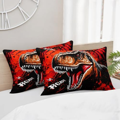 AILONEN Boys Dinosaur Comforter Set Queen Size,Kids Cartoon Dinosaur Bedding Set,Red and Black Printed Comforter with 2 Pillowcases,3 Pieces
